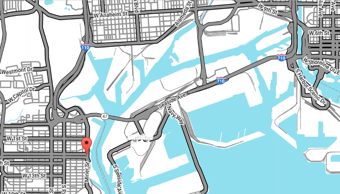 HarborMap Map showing the 110 and 710 Freeway near Harbor Blvd and the Museum